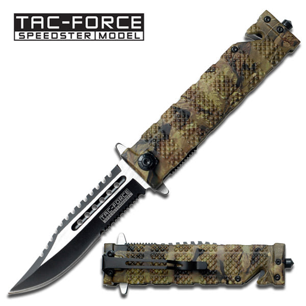 Spring Assisted Folding Knife Forest Camo Serrated Rescue Blade - Tophatter's Army Products & Self Defense Collectible Weapons - Tophatter Daily Deals